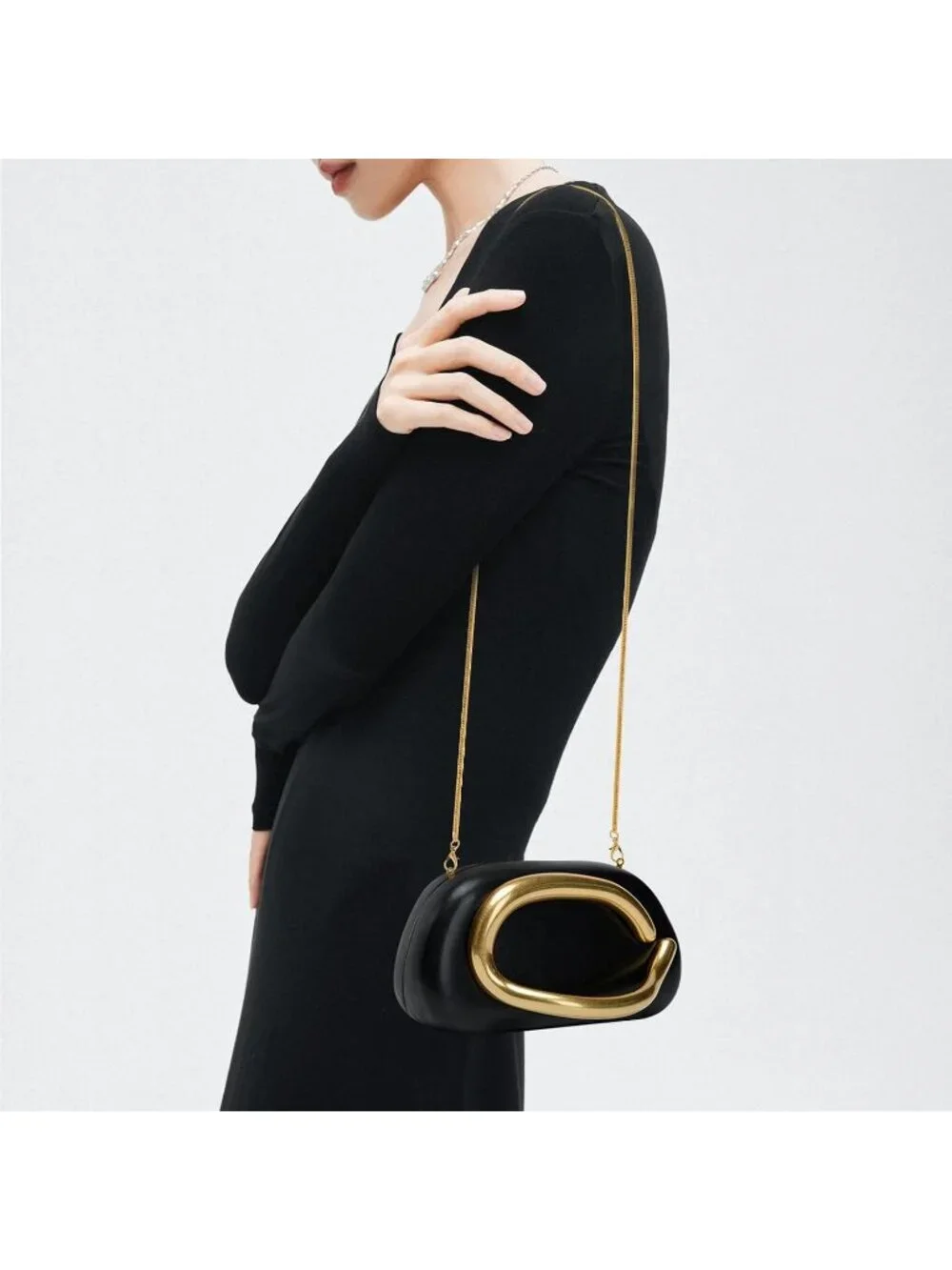 👜Women's Leather Black Acrylic Clutch Gold Handle Evening Bag Party